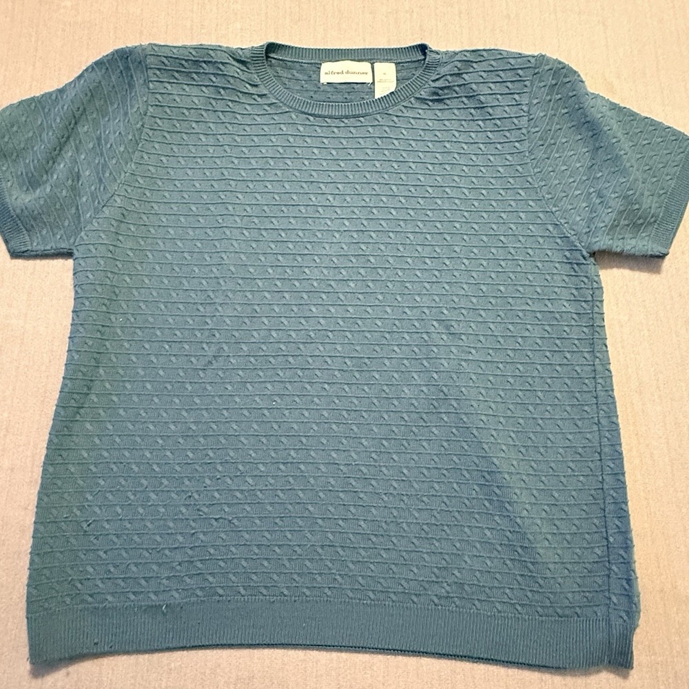 Vintage Alfred Dunner Sweater Women XL Teal Short Sleeve Cable Knit Made in USA